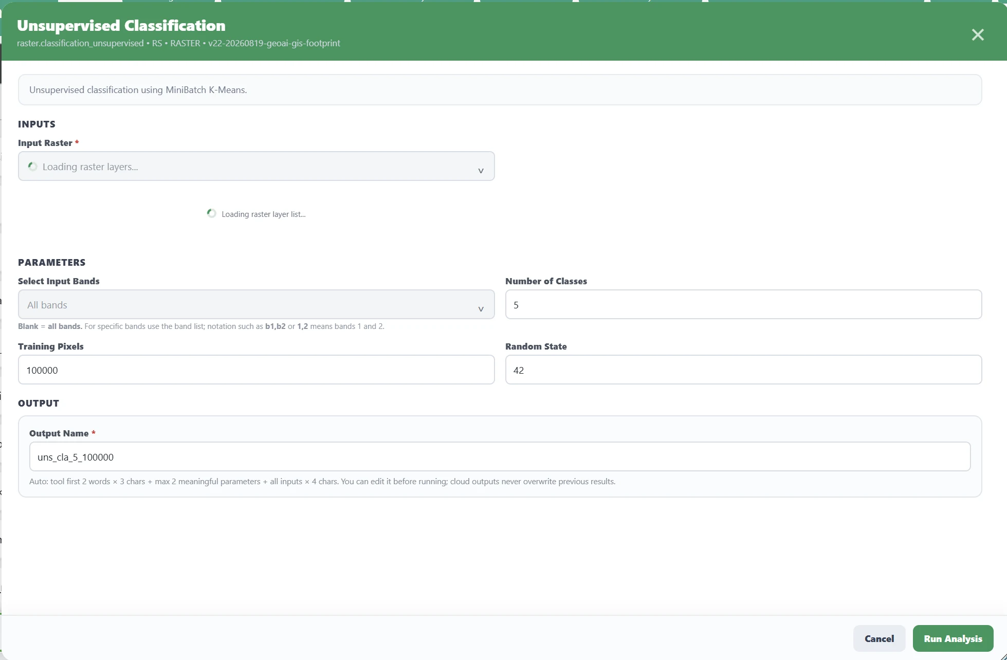 Unsupervised Classification analysis form